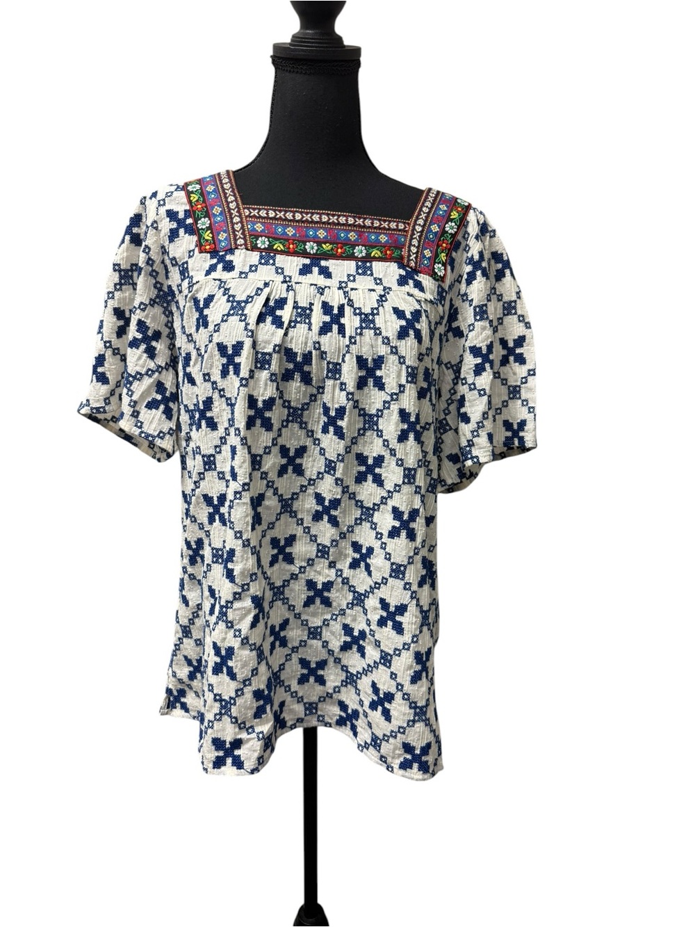 NWT Tru Luxe Jeans Blue White Boho Embroidered Cotton Peasant Top Large